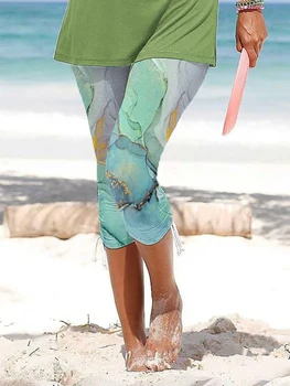2022 Цветочный принт Женские Летние брюки-карандаш с эластичной талией, облегающая одежда для отдыха, гофрированные Женские укороченные брюки, Спортивная уличная одежда