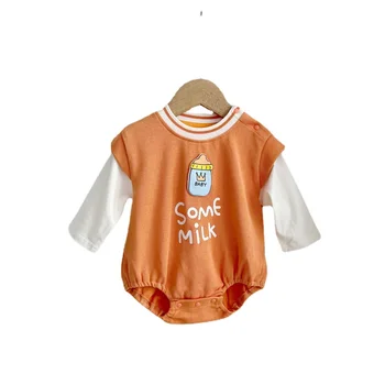 2023 Весенне-осенняя детская одежда Для новорожденных мальчиков и девочек, оранжевый комбинезон с молочным рисунком Lovley, цельная одежда в полоску с длинными рукавами