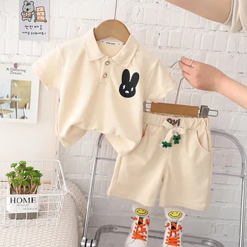 2023 Корейская летняя девушка Комплект одежды из 2 предметов Мультяшный Кролик Рубашка ПОЛО с коротким рукавом Шорты Спортивный костюм Комплект одежды для новорожденных девочек
