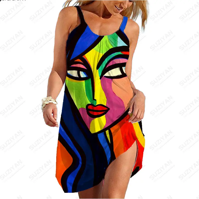 2023 Новая Гавайская мода, Короткая юбка, Женская Свободная сексуальная рубашка с круглым вырезом, Летнее платье на бретельках, Абстрактный рисунок, мода для 3D-печати.