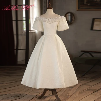 AnXin SH princess белое атласное платье с вырезом лодочкой, расшитое бисером и жемчугом, трапециевидные оборки с пышными рукавами, короткое вечернее платье невесты, маленькое белое платье