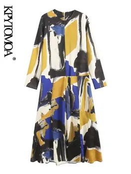 KPYTOMOA Женское модное платье Миди с принтом, винтажные женские платья с длинным рукавом и молнией сзади, Vestidos Mujer