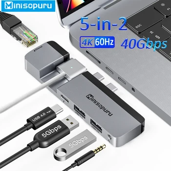 Minisopuru USB C Концентратор 4K 40 Гбит/с Двойной USB Type-C к HDMI RJ45 USB 3.2 PD 100 Вт Аудиоадаптер для Macbook Pro 14-16 дюймов USB-концентратор