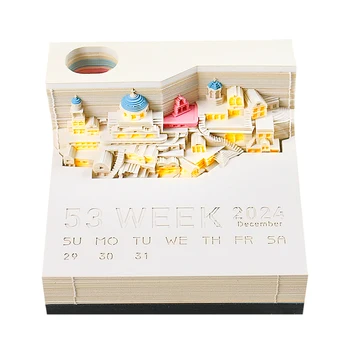 Omoshiroi Block 3D Memopad Calendar 2024 Santorini Мини 3D Блокнот Со Светодиодной Бумагой Для Заметок Художественный Настольный Календарь Подарок На День Рождения