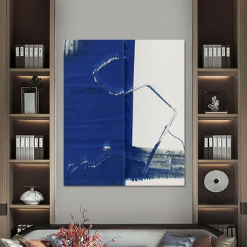 Абстрактное искусство Картина маслом сине-белый толстый акрил Большая современная картина на холсте без рамы Декор стен в спальне и столовой