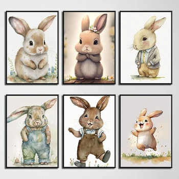 Акварельные принты плакатов с милым кроликом, картина на холсте, мультяшное животное, Современное настенное искусство, картина для гостиной, Домашний декор Cuadros