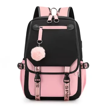 большие школьные сумки для девочек-подростков с USB-портом, холщовый школьный рюкзак, студенческая сумка для книг, модный черный розовый школьный рюкзак для подростков