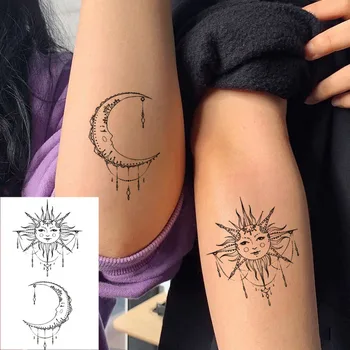Водонепроницаемая временная татуировка Наклейка Луна Солнце Мультяшная девушка Милая татуировка Флэш-тату Поддельные татуировки небольшого размера для мужчин, женщин, детей