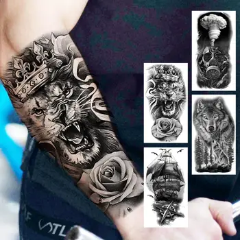 Временные татуировки с цветами в виде Львиной Короны Для взрослых Мужчин, Реалистичный Пиратский корабль, Компас, Военный Волк, Поддельная татуировка, Наклейка, татуировки на предплечье, сделай САМ