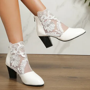 Горячая распродажа 2023 года, женская обувь, осенние женские ботинки, однотонная сетчатая ткань с острым носком, Дышащие Модные ботинки на молнии на среднем каблуке.
