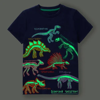 Детская одежда 2024, Летняя Новая светящаяся футболка с динозавром, хлопковый топ с короткими рукавами для мальчиков, детская одежда с героями мультфильмов, Прямая поставка