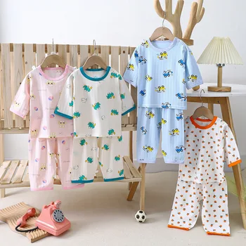 Детская одежда из хлопка от 0 до 7 лет, комплект домашней одежды, бесшовные пижамы в корейском стиле для мальчиков и девочек, летние пижамы из тонкого муслина с длинным рукавом