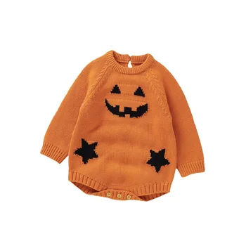 Детский свитер на Хэллоуин, комбинезон с круглым вырезом и длинными рукавами, боди с принтом тыквенного лица для младенцев