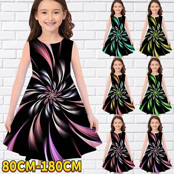 Детское платье без рукавов для маленьких девочек, платье для девочек с 3D цветочным принтом, повседневное милое платье выше колена без рукавов 80-180 см