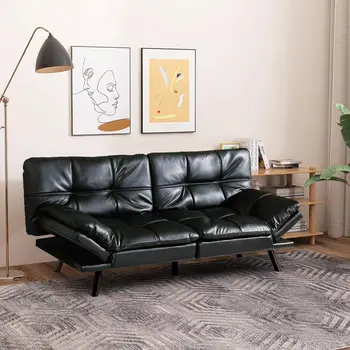 Диван-футон Loveseat из искусственной кожи, пены с эффектом памяти, современный диван-кровать с откидной спинкой и подлокотниками, коричневый/черный