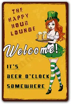Добро пожаловать в Happy Hour Lounge! Где-то в Beer O'Clock Beauty Girl Ретро винтажная металлическая жестяная вывеска Домашняя кухня спальня