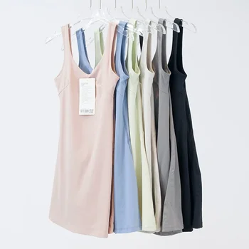 Женская летняя повседневная одежда LULU, Универсальные дышащие леггинсы со встроенными накладками на грудь, платье для тенниса, платье
