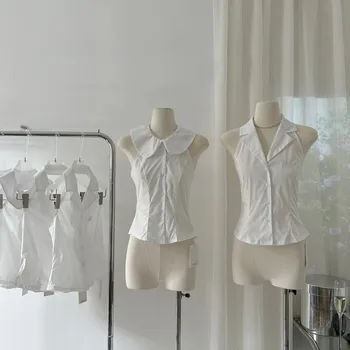 Женская рубашка без рукавов с коротким рукавом и отложным воротником, женская летняя однобортная тонкая однотонная рубашка-топ