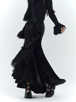 Женская черная бархатная простроченная кружевная сексуальная юбка с цветочным рисунком 