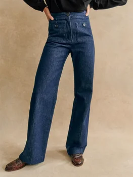 Женские синие Широкие джинсы 2023 года, Новые повседневные однотонные узкие джинсовые брюки с высокой талией и карманами на молнии