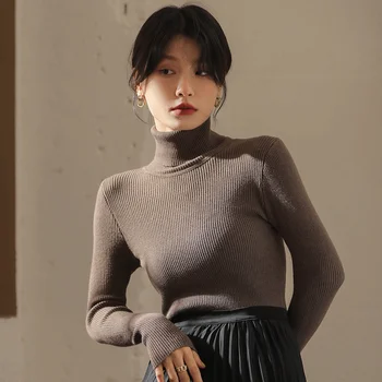 Женский свитер-водолазка с внутренним воротом, приталенный пуловер, короткий топ, вязаный низ, осенняя универсальная рубашка для похудения