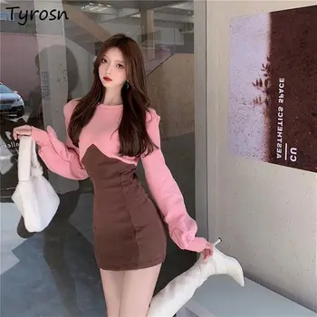 Женское платье в стиле пэчворк с круглым вырезом, мини, тонкая элегантная модная уличная одежда в Корейском стиле 3XL Ulzzang, шикарное платье для отдыха