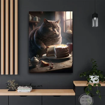 Забавный фэнтезийный Толстый кот, поедающий торт, пьющий в ресторане Художественные плакаты, картины на холсте, настенные принты, Домашний декор для гостиной