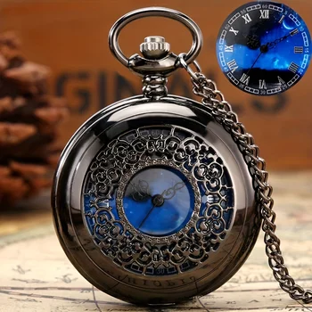 Звездный Синий циферблат, подвеска, Бронзовые Полые кварцевые карманные часы, Римские цифры, Ретро-часы
