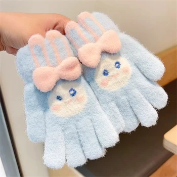 Зимние детские перчатки для девочек и мальчиков в возрасте 5-12 лет, вязаные с милым мультяшным кроликом, детские пятипалые морозостойкие и теплые перчатки