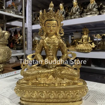 изысканная позолоченная статуя Будды из чистой меди 30 см и украшения зала Тибетского Будды долголетия, изготовленные из латунного материала