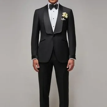 Классические черные костюмы для мужчин, модная шаль из 2 предметов, лацкан на одной пуговице, Формальный выпускной вечер, банкет, Свадебный смокинг, Блейзер с брюками