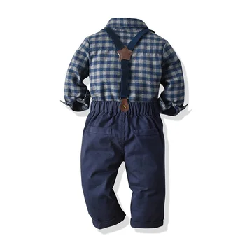 Костюмы джентльмена для маленьких мальчиков, детская официальная одежда, Клетчатая рубашка с лацканами и пуговицами, комплекты брюк на подтяжках