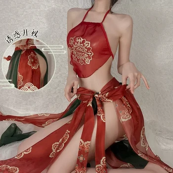 Красное традиционное платье Hanfu Древнего Китая Эротическое Белье Женский фартук Униформа Hanfu Искушение Страсть Сексуальная Пижама Костюм