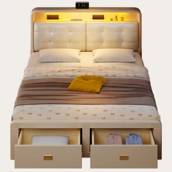 Кровать из массива дерева в скандинавском стиле, Небольшая квартира, Двуспальная кровать, 1,5 спальни, Вместительный ящик для хранения вещей, Выдвижной ящик в задней части дома