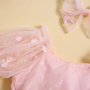 Летние наряды младенческой девочка слоеного рукав платье Комбинезон 3D бабочка вышивка тюль Туту платье повязка на голову одежда