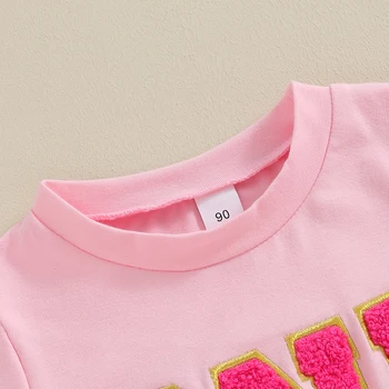 Летняя Повседневная футболка для девочек, Розовые топы с коротким рукавом и вышивкой буквами на шее