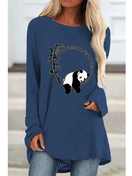 Милая Панда 2023, Женская Осенне-зимняя Однотонная Модная футболка с 3D-принтом, Пуловер с круглым вырезом, Свободная Повседневная рубашка Размера Плюс
