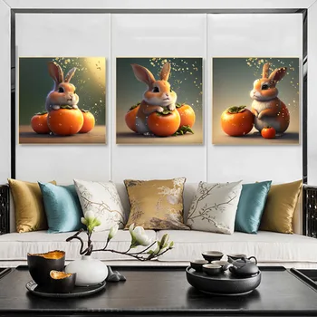 Милый кролик с деньгами из хурмы Плакаты и принты Настенное искусство Животные Картина на холсте Картина для украшения гостиной Без рамки