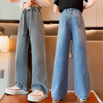 Модные джинсы для девочек, весенне-осенняя детская одежда, Детские однотонные брюки, подростковые Свободные джинсовые брюки с эластичной резинкой на талии, 5-14 лет
