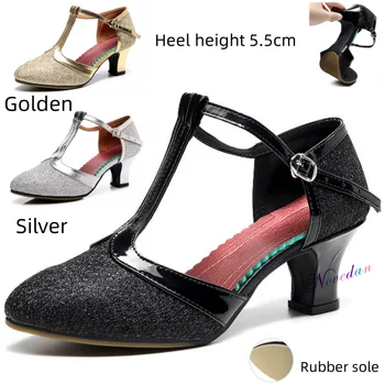 Новые женские туфли для латиноамериканских танцев, обувь для бального танго, танцевальная обувь для женщин, женская вечеринка, низкий каблук 5,5 см, черный/золотой/серебристый