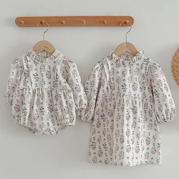 Одежда для сестер, весенний комбинезон с длинными рукавами для малышей, хлопковое платье с цветочным рисунком для новорожденных девочек, осеннее милое цельнокроеное платье для маленьких девочек