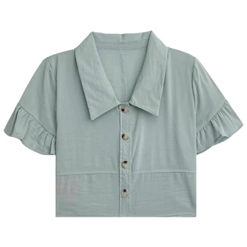 Однобортная рубашка с отворотом, маленькая прямая приталенная шифоновая рубашка с рукавами в виде листьев лотоса