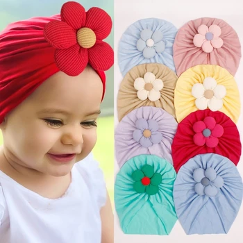 Однотонная шапка-тюрбан, детская шапочка-бини, повязка на голову с большим цветочным шармом для девочек 0-2 лет, пуловер для младенцев и малышей, шапка-Пуловер