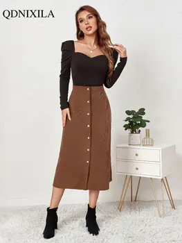 Осенне-зимняя женская юбка, эстетичная однобортная юбка с высокой талией, шикарная и элегантная коричневая юбка с разрезом, вельветовая модная длинная юбка