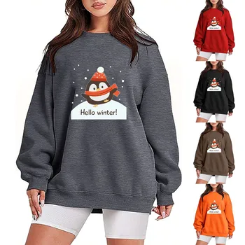 Осенне-зимняя толстовка для женщин, Милый рождественский пуловер с принтом Пингвина, топы, Повседневная толстовка свободного кроя, модная одежда 2023 года