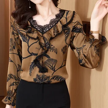 Осенняя женская одежда, кружевная рубашка с длинными рукавами в стиле пэчворк, Корейская мода, оборки, пуловеры с цветочным принтом, блузки свободного кроя.