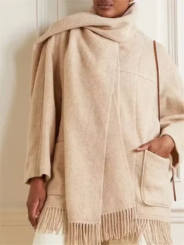 Пальто для женщин 2023 года, новый шерстяной шарф с воротником-стойкой, однотонный модный свободный повседневный жакет с длинным рукавом