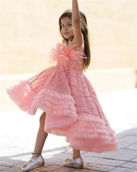 Платье для девочки в цветочек, Розовое Пышное Многослойное Свадебное платье из тюля с кружевной кисточкой, Элегантное платье в цветочек для первого Евхаристического дня рождения ребенка.