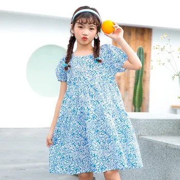 Платье с цветочным рисунком для девочек, новое летнее детское платье принцессы с короткими рукавами 2023, однотонное платье