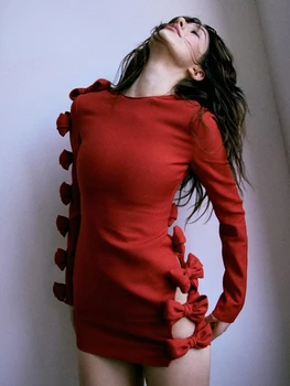 Рождественское Красное платье для женщин, сексуальное открытое мини-платье с бантом сбоку, Vestidos, бандажное мини-платье с длинным рукавом